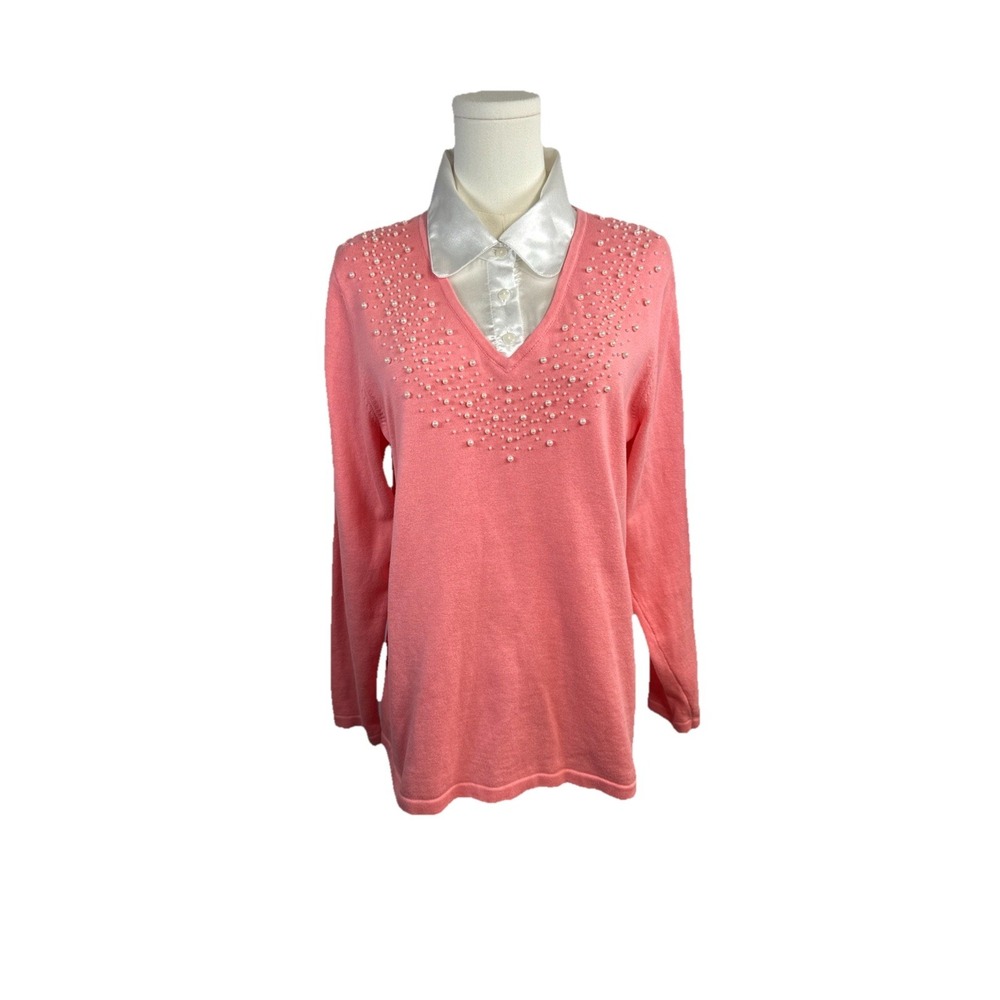 Quacker Factory Womens M Pink V Neck Sweater with White Satin Collar Pearls